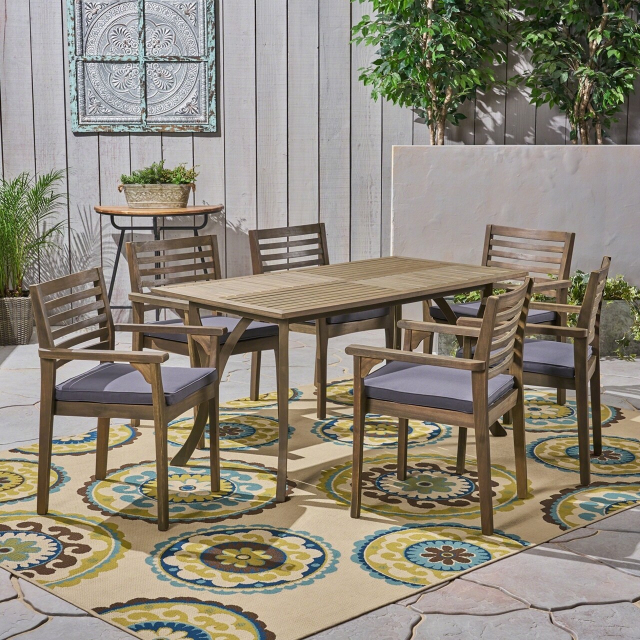 GDF Studio Phoenix Outdoor Acacia 6-Seater Dining Set with Cushions and 59" Rectangular Table with Carved Legs